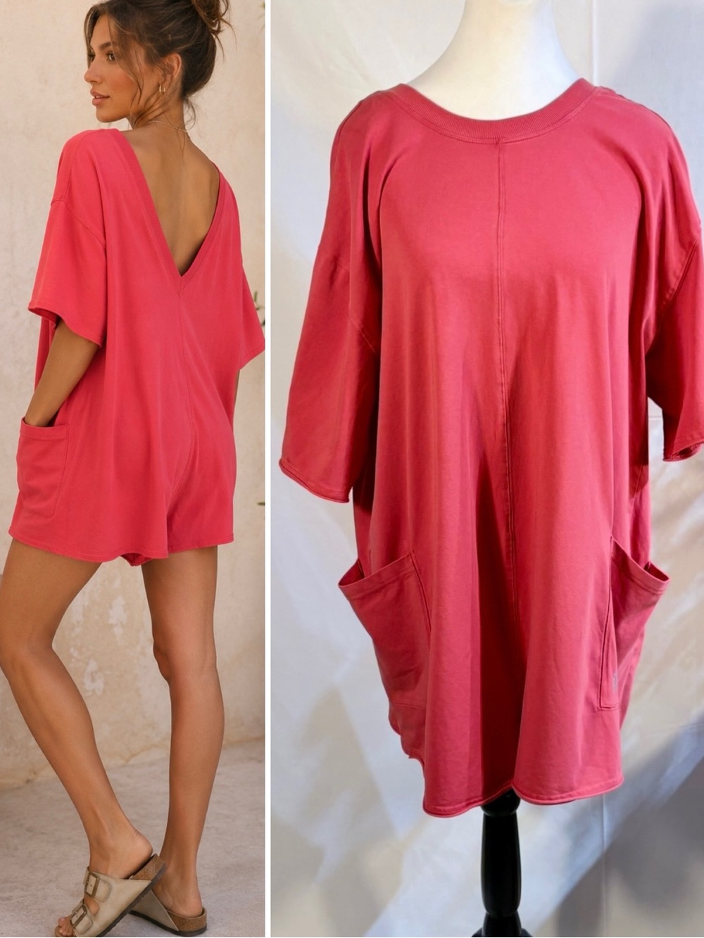 Free People FP Movement Hot Shot Tee Romper Pink Oversized Pocket  L🧡